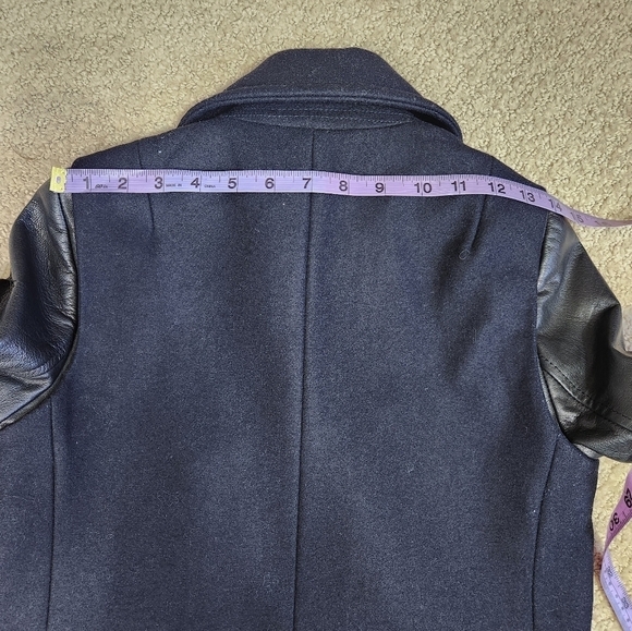 All Saints Ishba Black Leather Sleeve Navy Blue Wool Pea Coat Size 4 - Picture 11 of 15